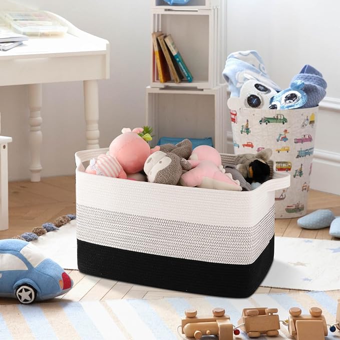 OIAHOMY Large Blanket Basket, 65L Cotton Rope Woven Laundry Basket, Toy Bin for Baby Room, Container for Blanket Storage in Living Room, 20''×16''×12'', Gradient Black