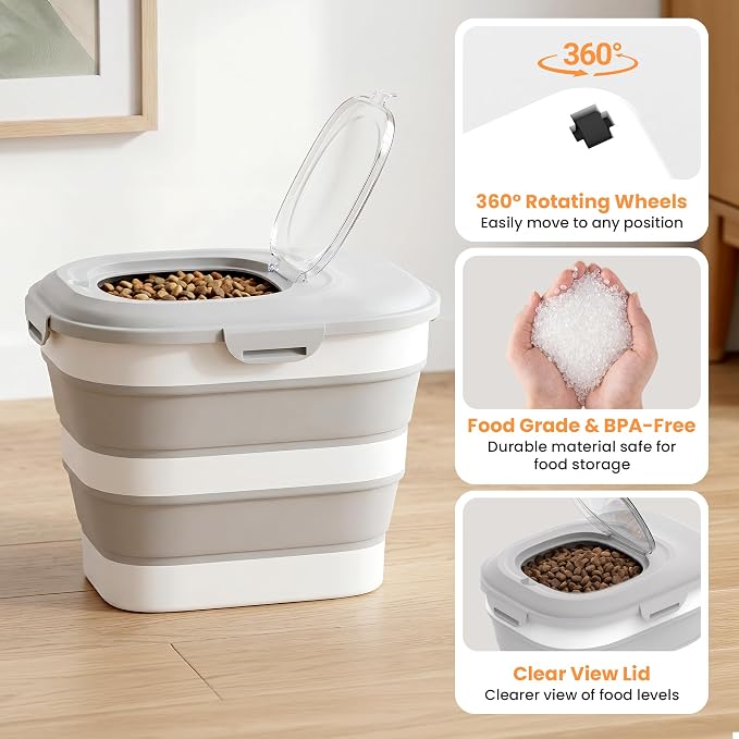 28 Lbs Dog Food Storage Container, Collapsible Cat Food Container | Airtight Pet Food Storage Containers with Wheels, Clear Window, Measuring Cup and Scoop, BPA Free for Rice, Flour, Bird Seed