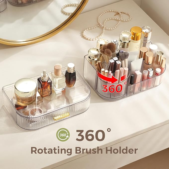 Delamu Rotating Makeup Organizer countertop, Brush Holder for Vanity, Clear | Stackable Drawer Makeup Storage for Skincare, Lipstick, Brushes & Perfume, Fits Dresser & Bathroom Countertop, Gift for Women