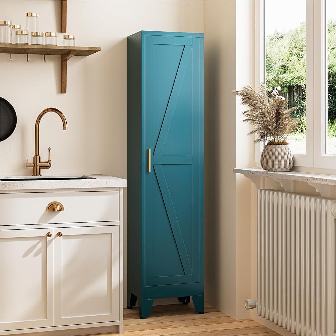 67" Tall Storage Cabinet with Reversible Doors and Adjustable Shelves,Metal Slim Freestanding Cabinet for Bathroom Kitchen Garage Small Spaces,Blue,5-Tier 1 Pack