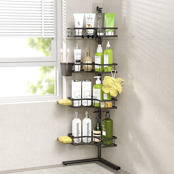 Standing Corner Shower Caddy - 4-Tier Rustproof Adjustable Shower Shelves | Floor Standing Shower Organizer Rack, No Drill Corner Shower Shelf for Bathroom, Apartments and Renters