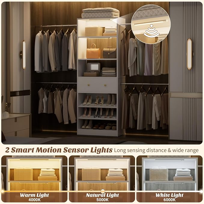 Wood Closet Organizer System with Sensing Light - 4FT-9FT Expandable Wardrobe Closet with Drawer & 4 Hanging Rods, Heavy Duty Walk-in Closet 1000Lbs for Bedroom Walk-in Closet, White