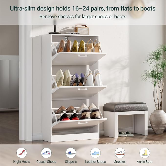 Shoe Cabinet with 3 Flip Drawers, Hidden Slim Freestanding Shoe Storage Cabinet, Narrow Freestanding Shoe Organizer for Entryway,Hallway, Living Room, White