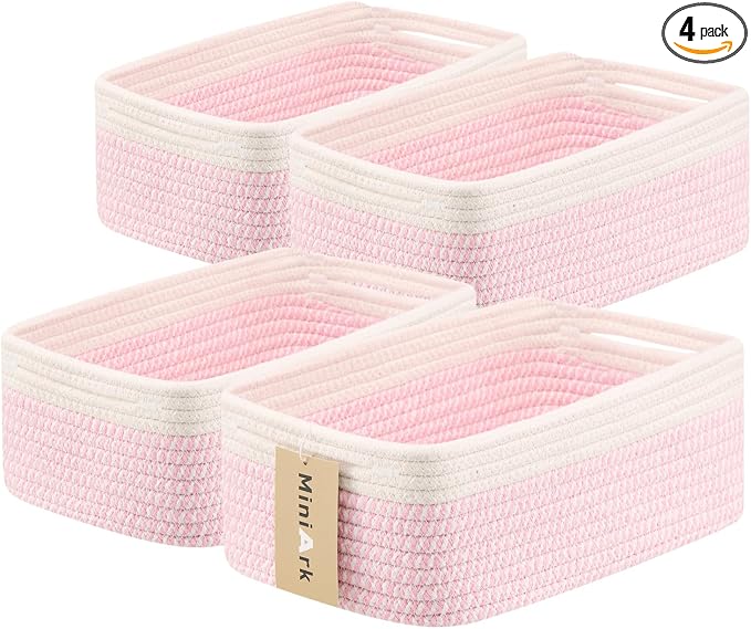 MiniArk Small Storage Baskets for Organizing | Closet Organizer Bins | Shelf Toy Basket | Woven Rope Baskets | Cube Decorative Box | Shallow Basket | 13x8.5x5.1” | 4 Packs White Pink