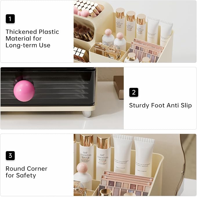 UFORU Makeup Organizer Countertop with Brush Holder for Vanity Bathroom | Large Capacity, Thickened Plastic, 2 Clear Drawers, Compact Size, Detachable Brush Holder, Divided Compartments, Easy Access