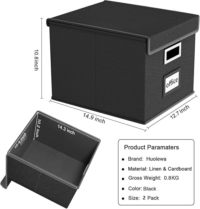 File Organizer Box with Lids, Collapsible File Folder Organizer | File Box with Plastic Slides for Office Document Storage, Filing Bin for Letter Size Hanging File Folders (2 Pack, Black)