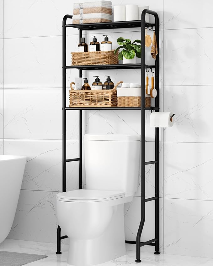 Kitsure Over Toilet Storage Rack, 63.2" H Space-Saving, Holder & Hooks | Bathroom, Laundry Room, Small Spaces, Families, Durable Metal, Black, 3 Tier