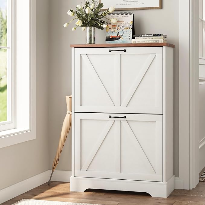 Smart FENDEE Shoe Cabinet, Shoe Storage Cabinet for Entryway with 2 Flip Drawers, Narrow Farmhouse Shoe Organizer Cabinet, Slim Shoe Rack Cabinet, White