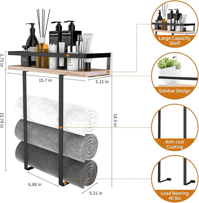 Xstydes Towel Racks for Bathroom Wall Mounted, Metal Towel Holder with Wooden Shelf for Folding Large Towels, Towel Storage for Small Bathroom Organizer Decor or RV Camping