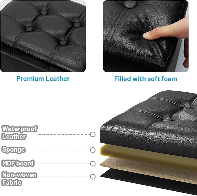 Bsketa Storage Ottoman Bench,17 Inch Folding Leather Foot Rest Stool, Black | Small Ottoman with Side Pockets, Thicker Foam Padded Seat, Livingroom, Dorm, Bedroom, Easy to install, 43L,17x13x13in