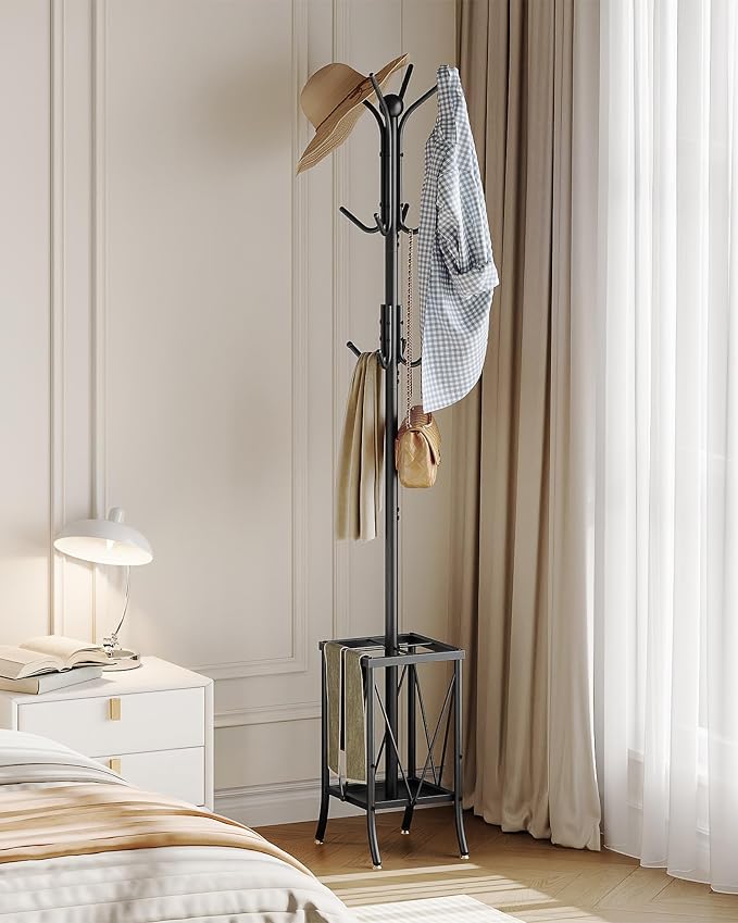 CHOEZON Coat Rack Freestanding, Coat Rack with Umbrella Holder, Entryway Hanger Stand with12 Hooks, Metal Hall Tree for Bags, Coats, Hats, Entryway, Hallway, Living Room, Bedroom, Office Black TYM01BB