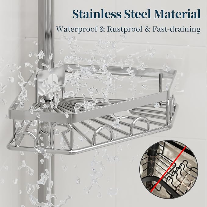 Consumest Shower Caddy Tension Pole, Shower Caddy Corner, Silver, 4 Tier | 304 Stainless Steel Rustproof, Adjustable 27.6-108.3 Inch, Corner Shower Shelves, Brush & Soap Holder