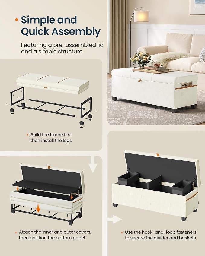 SONGMICS Home Storage Ottoman, 27 Gallons End of Bed Bench, 15.9 x 43.5 x 15.9 Inches, for Bedroom, Entryway, Living Room, White