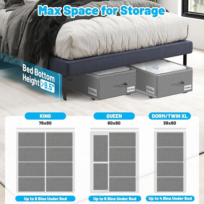 Under Bed Storage with Wheels, 4-Pack 10" Height XXL 75L Rolling Storage Bins, Quick Assembly Underbed Shoe Storage Containers with Clear Lid & Label, Dorm Under Bed Drawers for Clothes, Shoes, Grey