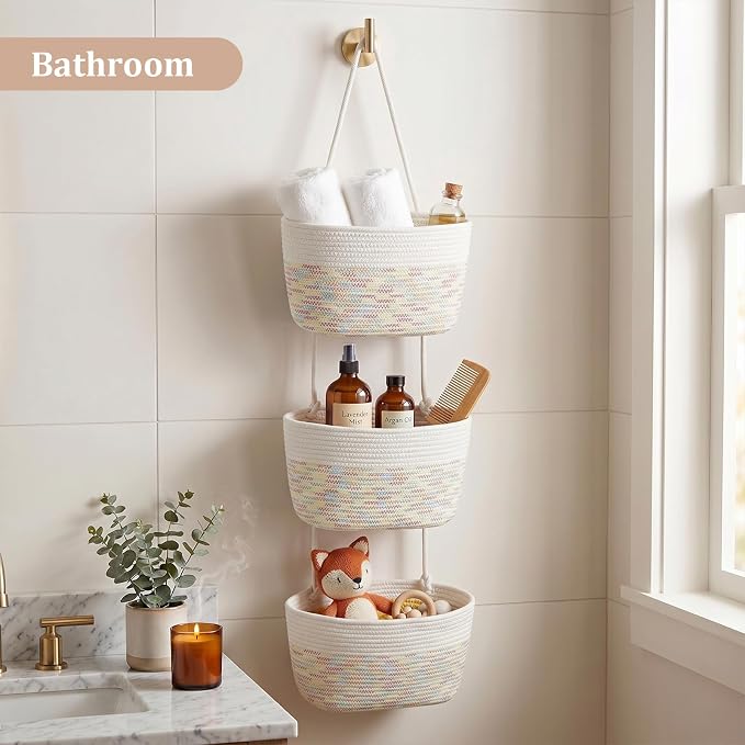 TeoKJ Over the Door Hanging Basket, 3-Tier Woven Cotton Wall-Mounted Storage Organizer Bag Decorative Hanging Nursery Baskets, White & Rainbow Stitching