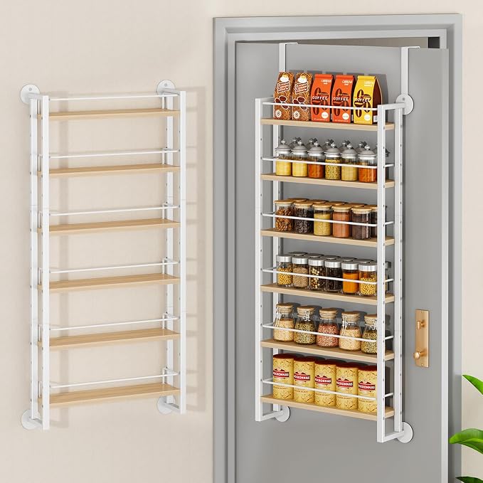 IBUYKE Over the Door Spice Organizer,Door or Wall Mount,Natural TLJ028R | 6 Tier Wall Mounted Spice Rack Adjustable Hanging Storage Shelves Spice Organization for Kitchen cabinet Bathroom Closet