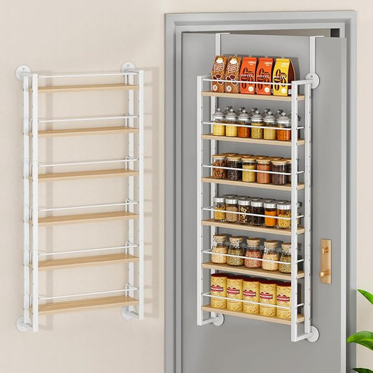 IBUYKE Over the Door Spice Organizer,Door or Wall Mount,Natural TLJ028R | 6 Tier Wall Mounted Spice Rack Adjustable Hanging Storage Shelves Spice Organization for Kitchen cabinet Bathroom Closet