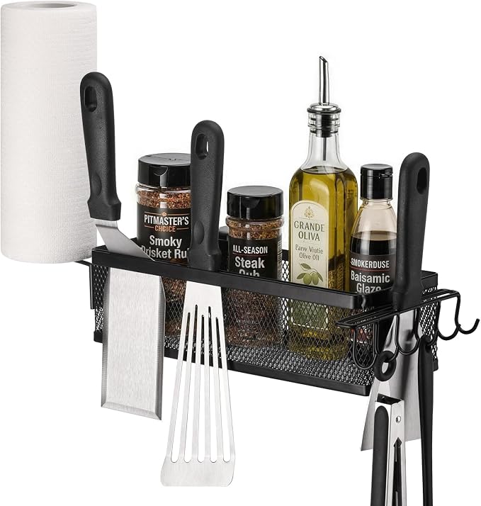 Griddle Caddy Side Shelf Organizer Grill Tool Holder (Black) | Steel Grill Tool Holder with Paper Towel Rack No-Drill Outdoor Cooking Accessories Storage for Flat Top Grills & BBQ Stations
