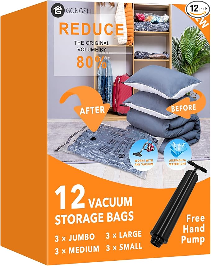 GONGSHI Vacuum Storage Bags, Space Saver Seal Bags For Clothing, Travel Luggage,Blankets, Comforters, Pillows, Clothes Storage.12 Combo