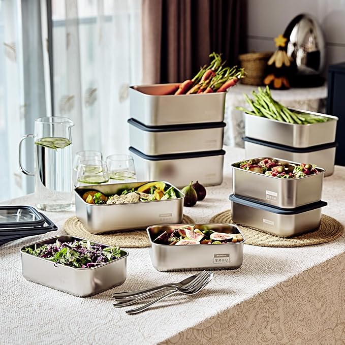Stainless Steel Food Containers with Glass Lids, 2-Piece Airtight Food Storage Set, Rectangular, Stackable, Microwave and Dishwasher Safe, 2 x 88 oz, Silver Gray
