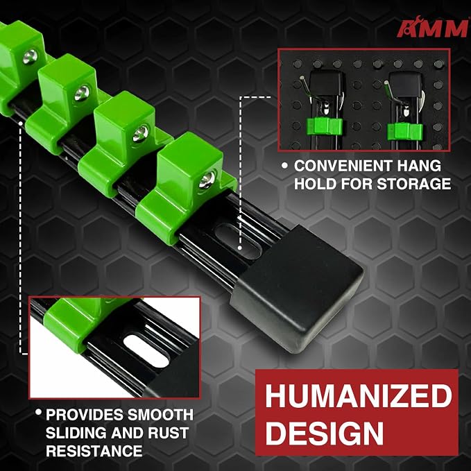 AMM 9-Piece Socket Organizer, 1/2 inch, 3/8 inch and 1/4 inch Drive ABS Tools-Green Socket Holder,Heavy Duty Socket Racks, Premium Quality Socket Clip Rail Holder,The Best Tool Trays in The Garage