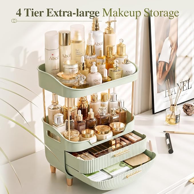 caktraie 4-Tier Makeup Organizer Bathroom Countertop Storage Green | Versatile Storage for Vanity, Desk, Bedroom, Holds Lipstick, Perfume, Skincare, Mask, Cosmetics