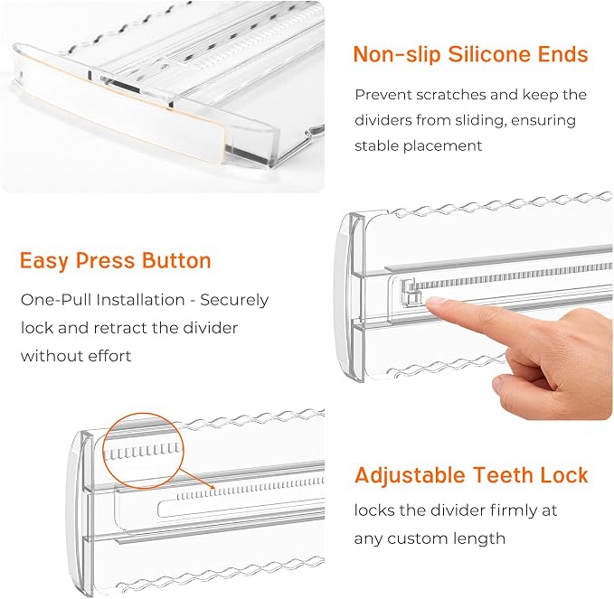 8 Pack 4" High Drawer Dividers for Clothes, 10.2"-16.5" Expandable Dresser Drawer Organizers, Adjustable Plastic Clear Drawer Separators for Kitchen, Baby Clothing, Socks, Underwear, Bedroom