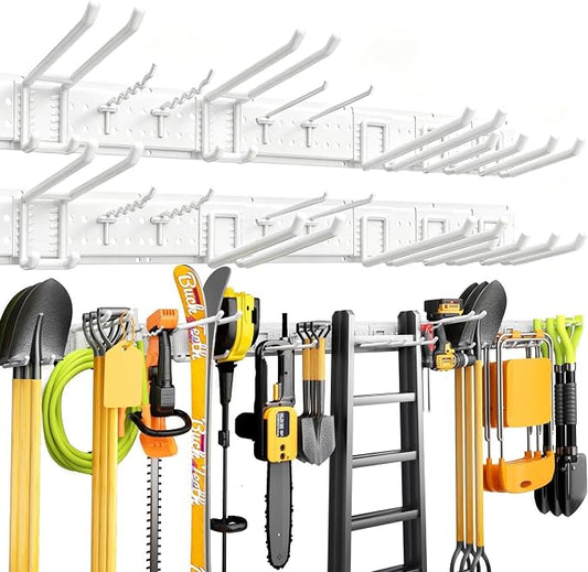 Garage Tool Organizer Wall Mount 99 inches with 18 Adjustable Heavy-Duty Hooks, Garage Organization, Garden Tool Storage Rack for Garage,Yard,Shed,Holds Up to 750 lbs,White