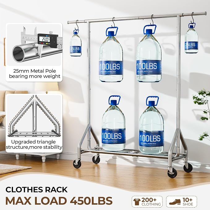 HYSEYY Heavy Duty Clothes Rack Load 450 LBS, Metal Garment Rack, Standing Rolling Clothing Rack for Hanging Clothes with Sturdy Wheels & Shelves, Portable Closet Wardrobe Rack,Sliver