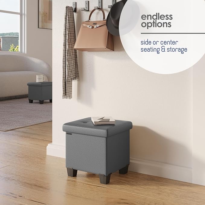 Storage Ottoman Cube with Small Bin, 15-in Square Ottoman with Storage for Living Room and Bedroom, Small Ottomans Foot Rest, Faux Leather Foot Stools Ottomans Max 330lbs, Grey