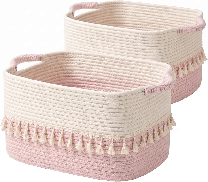 TeoKJ Storage Baskets 2 Packs, Storage Basket for toys,Towel, Storage Bins, Woven Basket for Shelves Bedroom Laundry Nursery, White & Pink