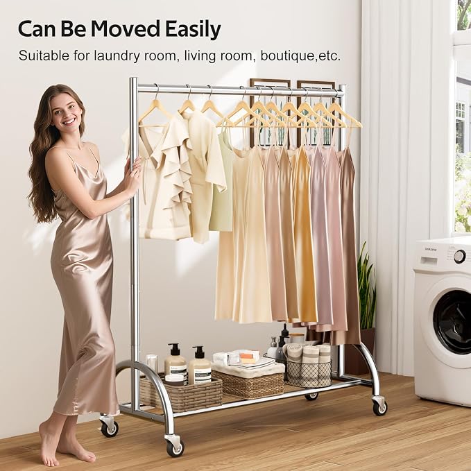 MISSLO Heavy Duty Clothing Rack with Wheels Rolling Clothes Racks for Hanging Clothes, Coats, Garment, Dress, Silver