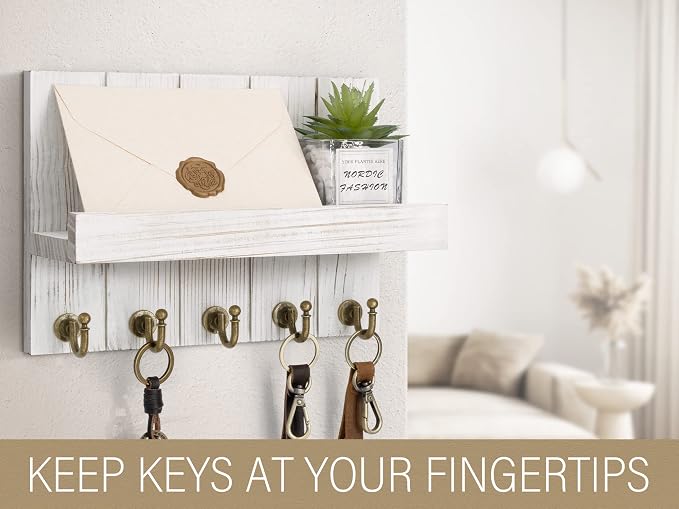Rebee Vision Key Holder Wall Mount with Shelf for Living Room, Whitewash | 3.54" x 10" x 7.28", 5 Sturdy Hooks, Key Holder for Wall, Floating Shelf, Mail Organizer, Decorative Storage Accent Decor