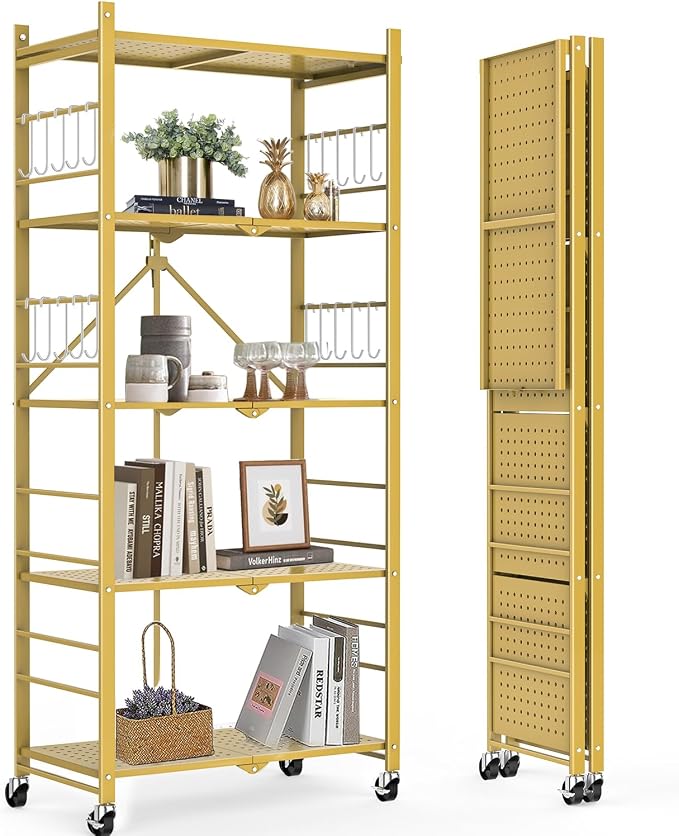 Himix 5-Tier Foldable Storage Shelves with 20 Hooks Wheels Bookshelf Gold | Folding shelving units, Metal collapsible organization, Wire shelf, No assembly, Garage, Home room, Greenhouse, Holds 440 Ibs