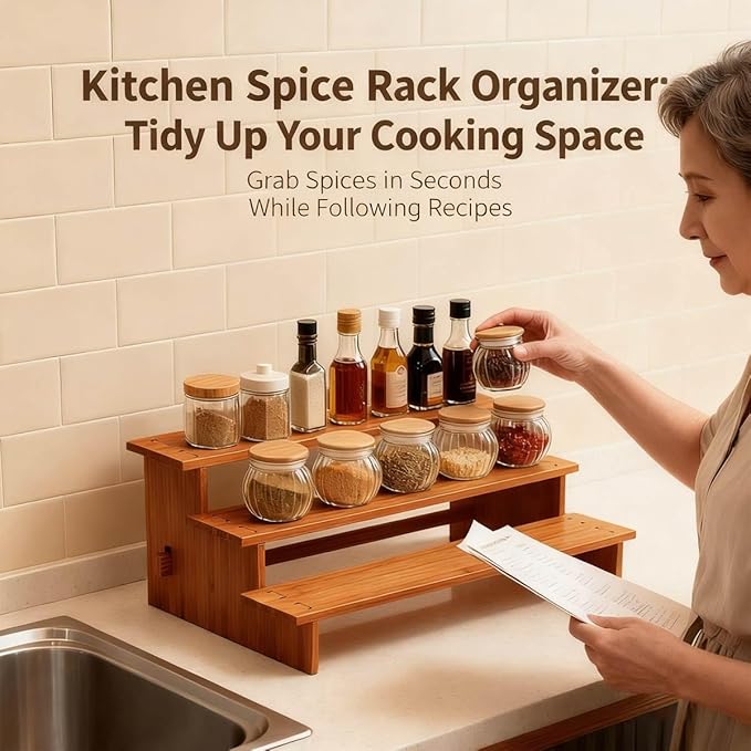 JinDoWin 2 Pack Spice Rack Organizer for Cabinets,Countertop & Pantries | 3-Tier stepped design for clear visibility & easy access,Dark Bamboo Seasoning Organizer,Kitchen Cabinet Organizer