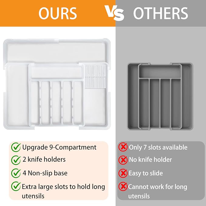 Homecor Silverware Organizer for Kitchen Drawer, Expandable Utensil Drawer Organizer with 2 Knife Block, Flatware and Cutlery Holder, Adjustable Plastic Storage for Spoons Forks Knives