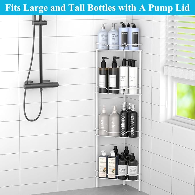 HuggieGems 4 Tier Floor Standing Corner Shower Caddy Organizer Shelf with Hooks, Bathroom Shelves Stand Rack, White