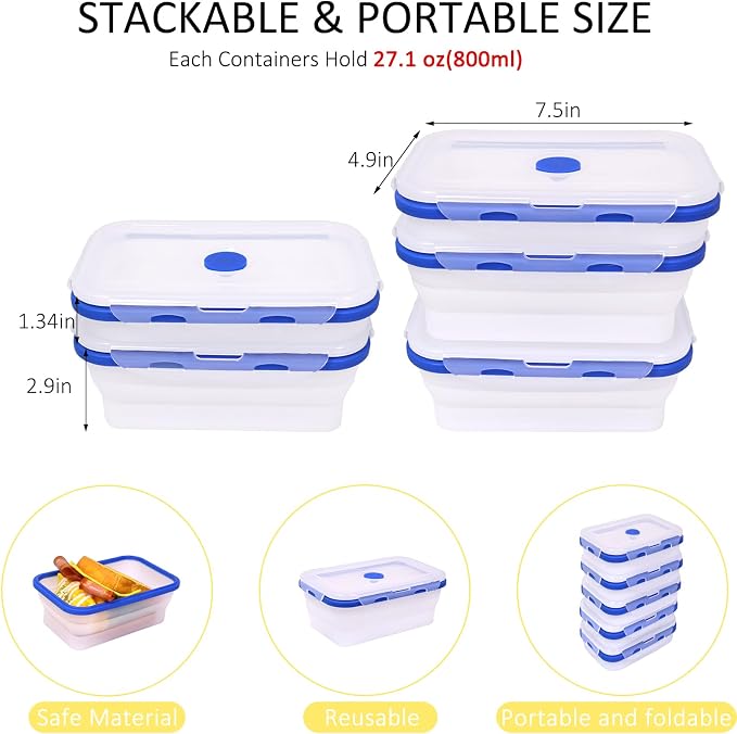 5 Pack Translucent Collapsible Silicone Food Storage Containers with Leak-Resistant Lids, 27oz Bento Lunch Box, microwave, dishwasher, freezer safe, BPA Free