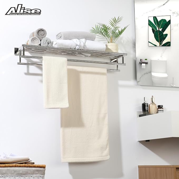 Alise 32 Inch Double Towel Rack for Bathroom Wall Mounted,Polished Chrome | SUS304 Stainless Steel Towel Rack with Shelf,Bathroom Tower Holder Towel Shelf with Double Towel Bars for Bath Kitchen