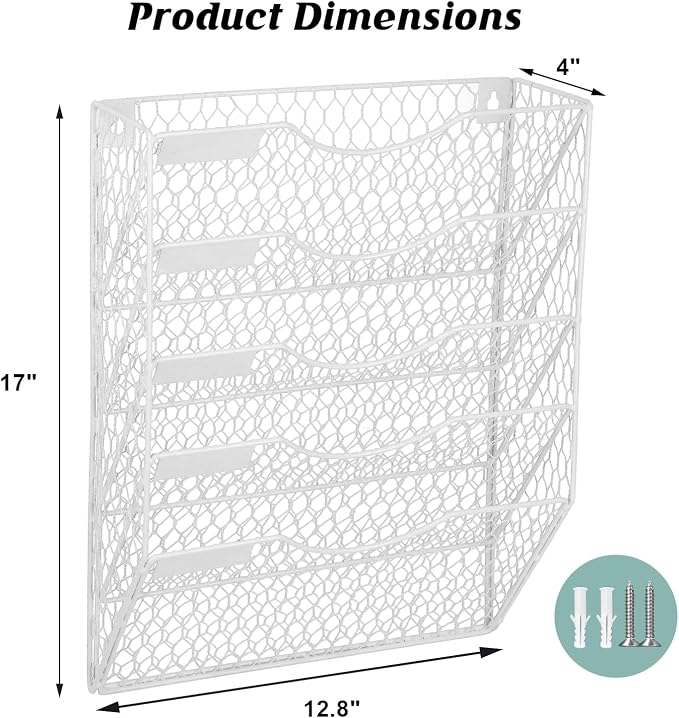EASEPRES Mail Organizer Wall Mount Hanging File Holder Storage, Metal Chicken Wire Magazine Rack 5 Tier, White