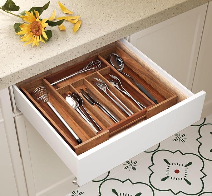 Fibogollo Expandable Acacia Wood Silverware Organizer，5-7 Slots | Adjustable Drawer Organizer,Flatware and Utensils Organizer Tray,Utensil Holder（10.2-16.1 x 13.8 x 2 inch）