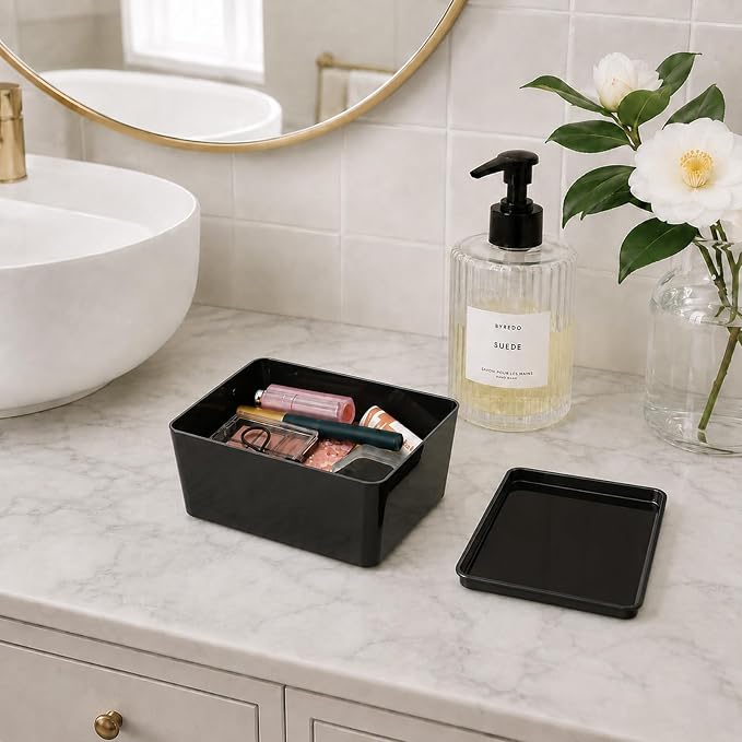 Soddeph 4 Pack Thick Plastic Storage Box with Lid, Durable Stackable Storage Bins, Hard Plastic Organizer Baskets for Home Office,Storage Containers.6.8" x 5.1" x 3.1" (Black with Lid)