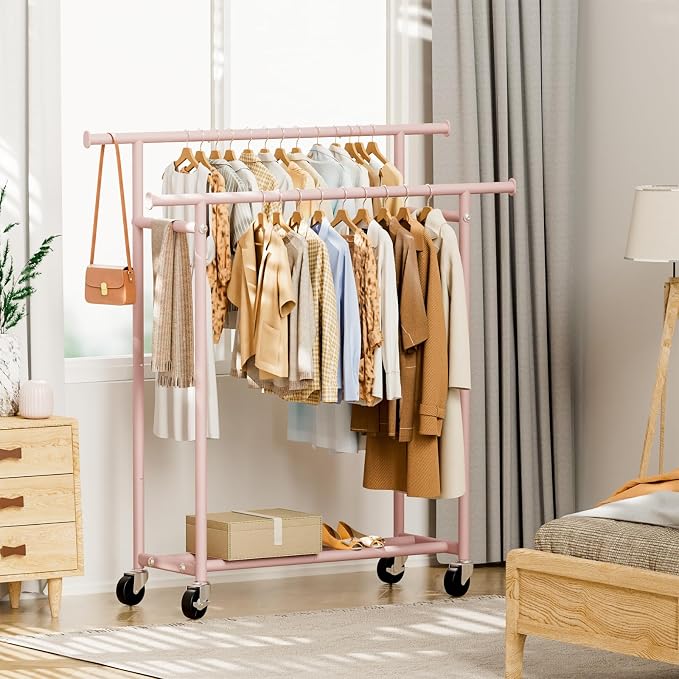 HYSEYY Clothes Rack, Double Rods Rolling Clothing Rack for Hanging Clothes, Portable Garment Rack with Wheels, Coat Rack Wardrobe Closet Load 240 LBS for Bedroom Laundry Room (Pink, L)