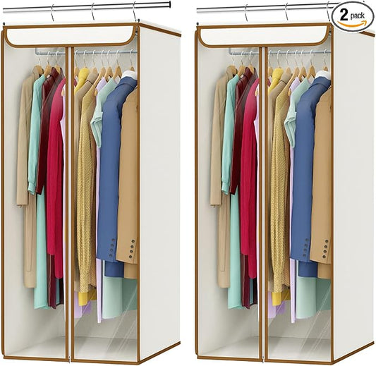 Univivi Garment Bags for Hanging Clothes, Cloth Bag 40 In, 2 PCS, Beige | Large Capacity, Easy Assembly, Clear Window, Dustproof, Durable Zipper, Hanging Garment Storage Bag for Suit, Coat, Dress