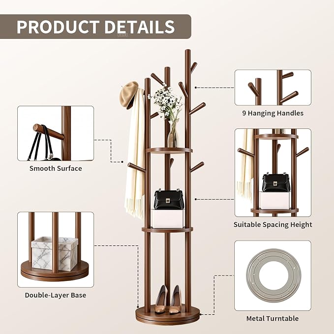Solid Wood Rotary Coat Rack, Coat Rack Freestanding with 3 Storage Shelves & 9 hooks, Coat Tree for Entryway, Livingroom, Bedroom, Coat Hanger Stand for Coats, Scarves, Handbags, Hat (Walnut)