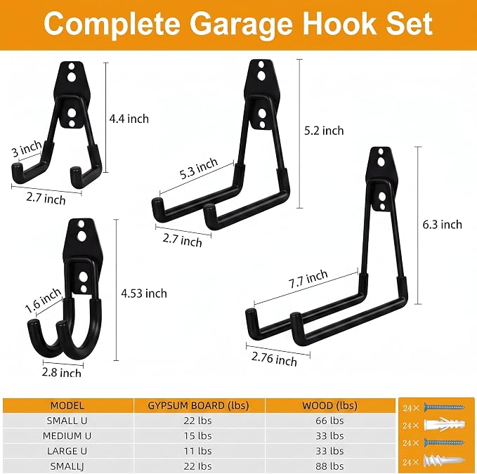 Garage Hooks, 12 Pack Wall Hooks for Hanging Heavy Duty Ladders, Bikes, Tools Ideal for Garage, Garden, Basement Utility Room Storage (Black)