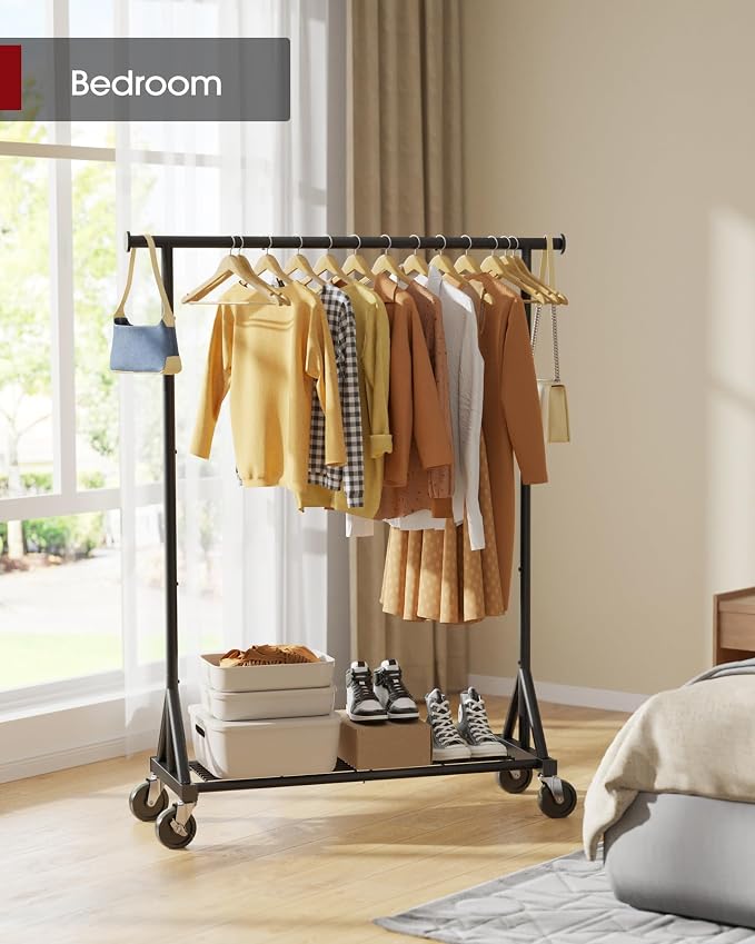 Sakugi Heavy Duty Stainless Steel Rolling Clothes Rack with Mesh Shelf, Lockable Wheels & Anti-Slip Stoppers, Large Capacity Clothing Organizer for Bedroom, Laundry Room, 42.5" x 16.5" x 65.9", Black