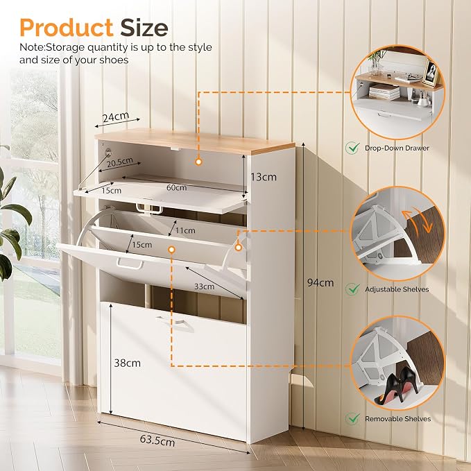 VINGLI Set of 2 Shoe Cabinet Storage for Entryway, Ultra Slim Shoe Organizer with 2 Flip & 1 Drop-Down Drawers, 2-Pack Narrow Shoe Cabinet 24.8" W for Front Door, Freestanding Modern White Shoes Rack