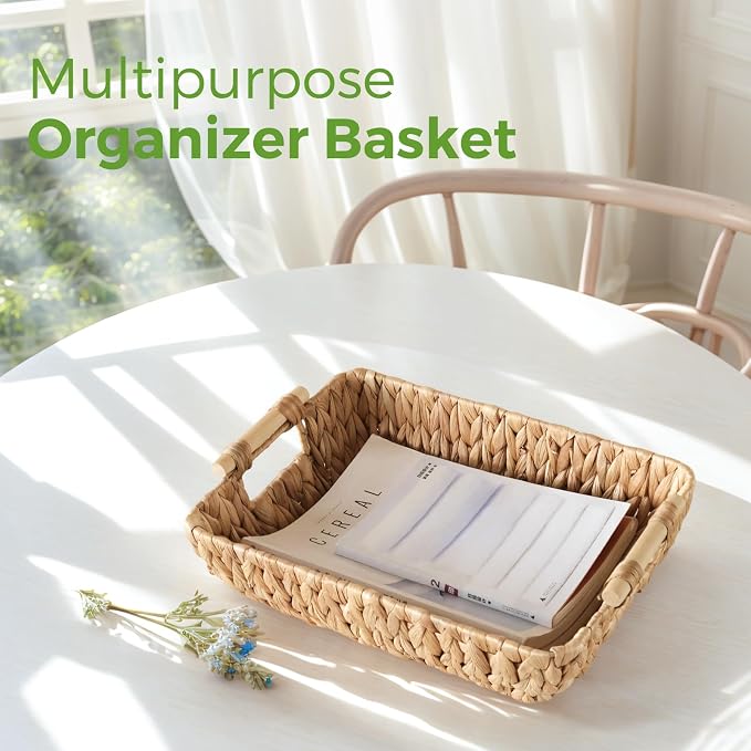 Wicker Baskets with Wooden Handles, Large Water Hyacinth Storage Baskets | 2 Pack, Natural Water Hyacinth Woven Basket for Organizing Shelves, Handwoven Gift Baskets Empty for Snack Display Home Decor