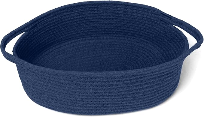 MEGASKET Dark Blue Small Woven Basket, 13” x 9” x 5” Baskets for Gifts Empty, Cotton Rope Gift Basket, Cute Nursery Baby Organizer, Cat Dog Toy Box, Oval Wicker Storage Bin with Handle